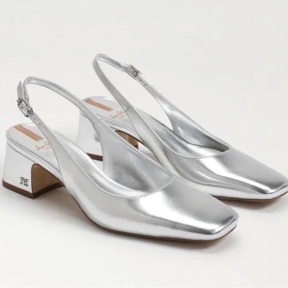 NEW Sam Edelman Terra Slingback Block Heel Soft Silver Leather Bridal Shoe 7.5 - Picture 2 of 9